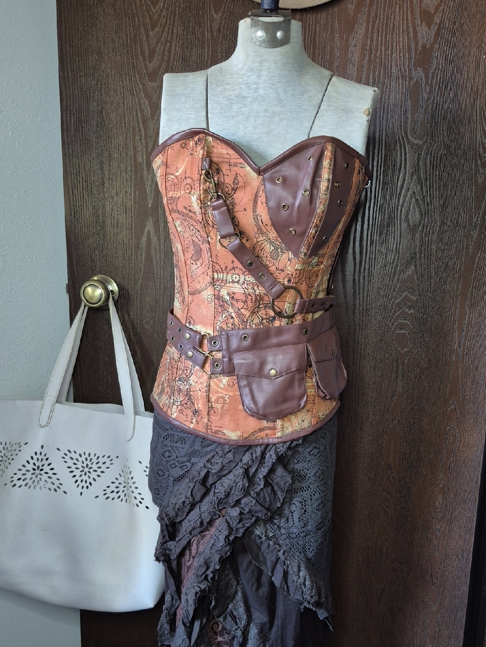 NWOT Steampunk Map Print Corset w/ Brown Faux Leather Trim, Faux Leather Accents